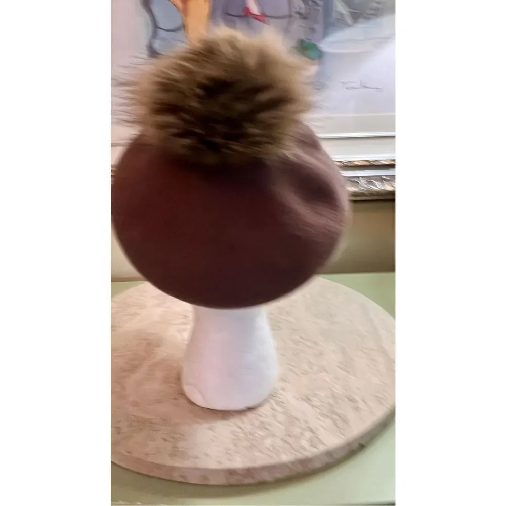 Vintage Handmade Faux Fur Pom Pom‎ Wool Brown Hat Women’s Newsboy Cabbie - Picture 4 of 11